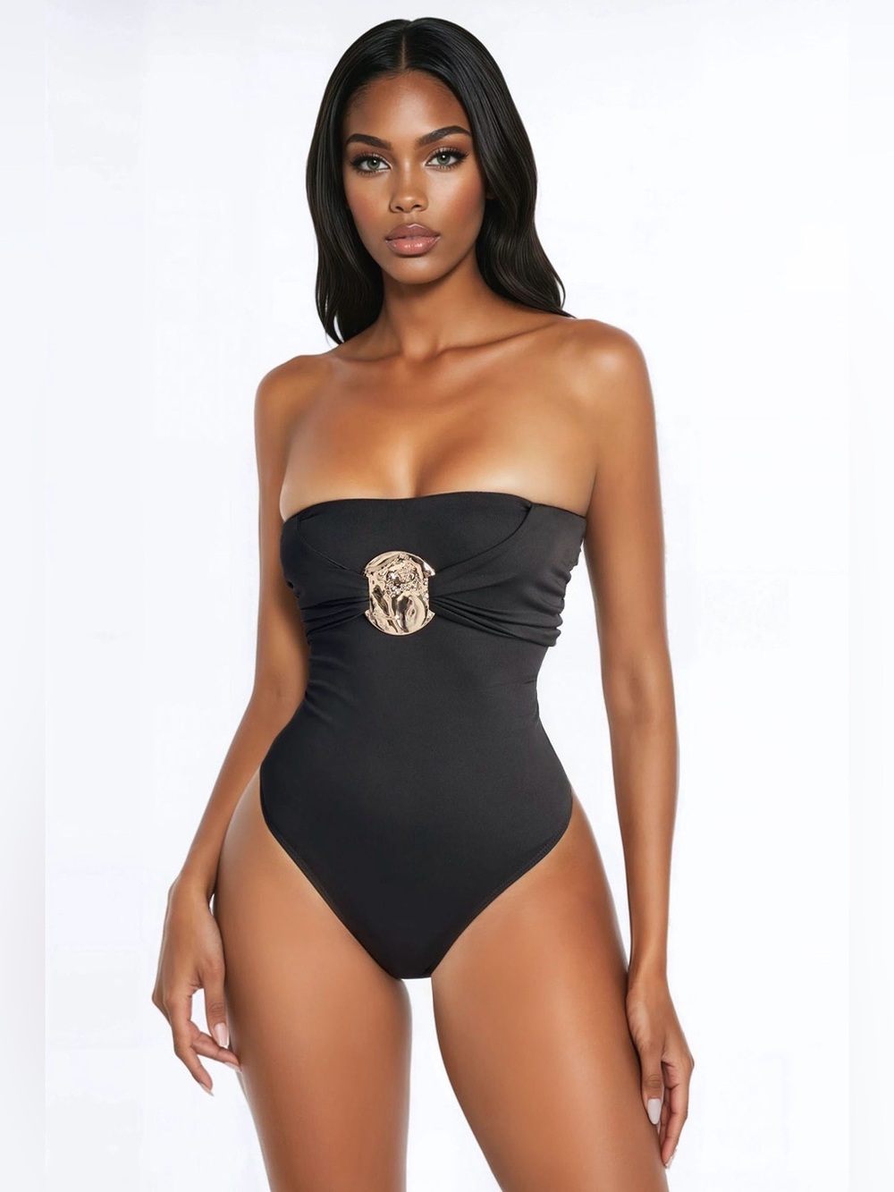 Strapless Black One-Piece Swimsuit with Gold Accent